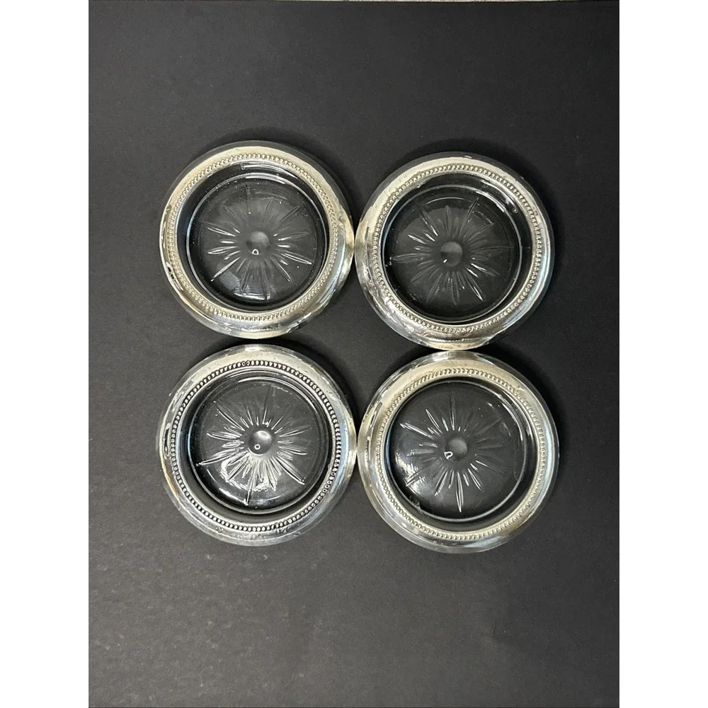 Set Of 4 B.I./ Frank M. Whiting STERLING SILVER Beaded Rim Coasters STARBURST
